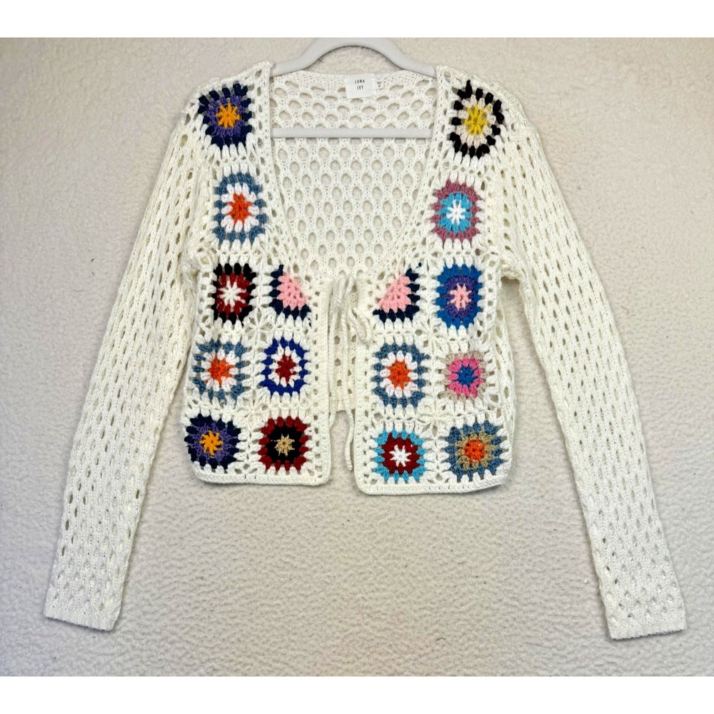 Luna‎ Ivy Cardigan Sweater Womens Medium Crochet Granny Square Boho Hippie Indie